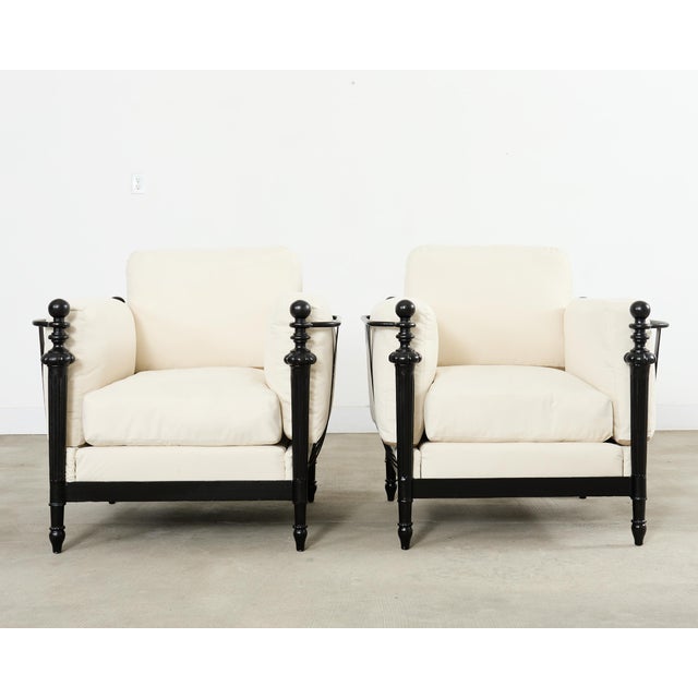Fantastic pair of iron Montecito patio and garden lounge chairs after Michael Taylor. Crafted from iron by a foundry in...