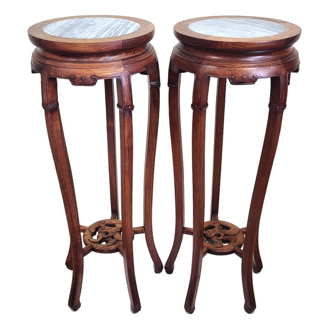 Pair Vintage Chinese Bamboo Carved Hardwood & Marble Top Plant Stand Pedestals For Sale