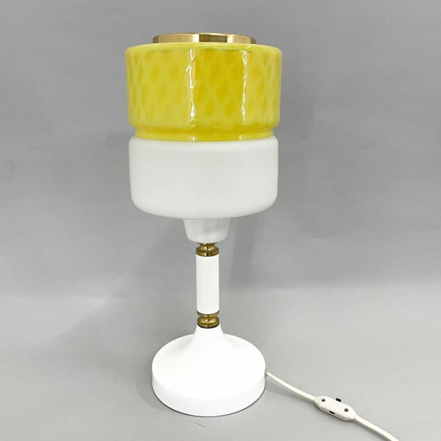 Tall Yellow & White Glass Table Lamp with Brass Details attributed to Drukov, 1970s For Sale - Image 11 of 12