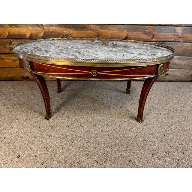 Vintage French Louis XVI Style Oval Coffee Table With Marble Top and Brass Gallery For Sale - Image 12 of 12