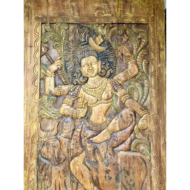 Vintage Hand-Carved Indian Deity Panel | Shiva & Goddess Wood Wall Art / Door Panel 84x41 For Sale - Image 9 of 11