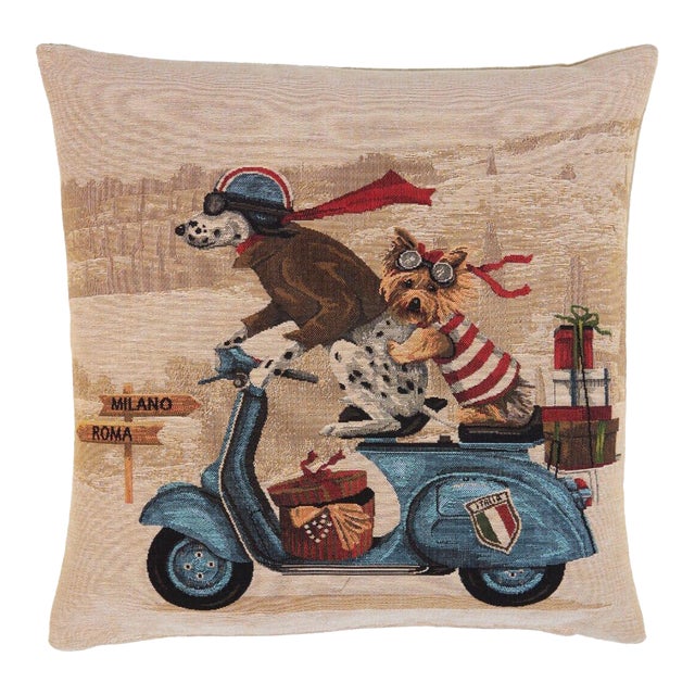 Blue Scooter Dogs Tapestry Cushion With Feather Filler - 46x46cm (18"x18") For Sale