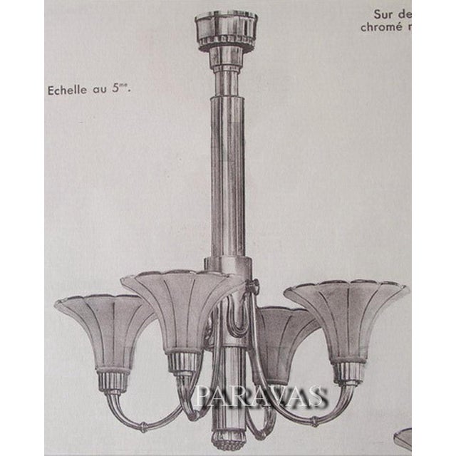 Petitot French Art Deco 4-Arm Chandelier 1930s - Trumpet Frosted Glass & Nickel For Sale - Image 12 of 12