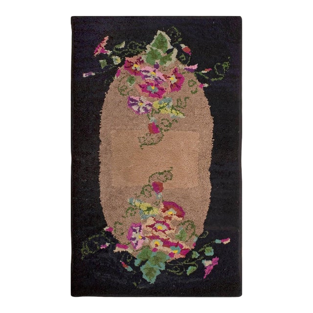1940s Tan Camel Roses Folk Art Antique American Hooked Rug 3'0" X 5'5" Handknotted Wool Carpet For Sale