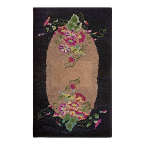 1940s Tan Camel Roses Folk Art Antique American Hooked Rug 3'0" X 5'5" Handknotted Wool Carpet