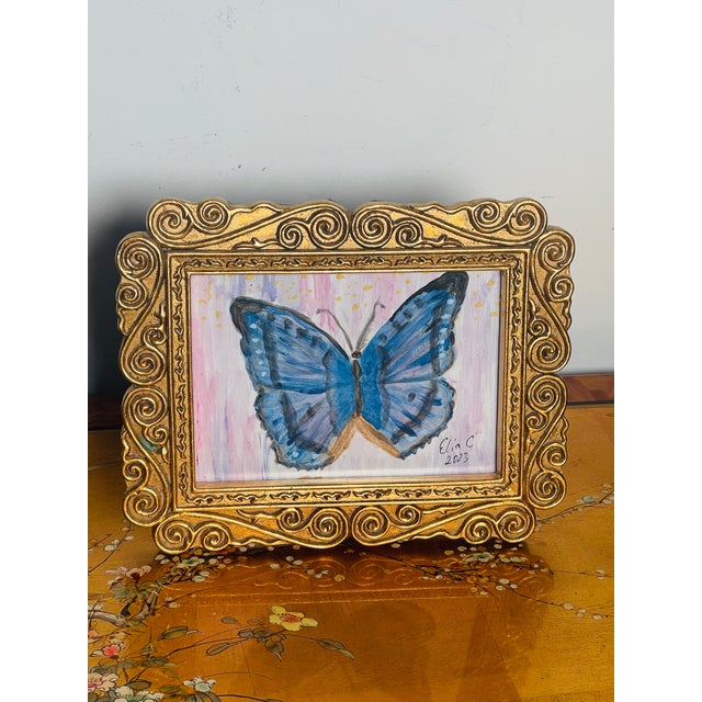 1980s Abstract Modern Blue Butterfly Painting in Ornate Gold Frame For Sale - Image 5 of 5