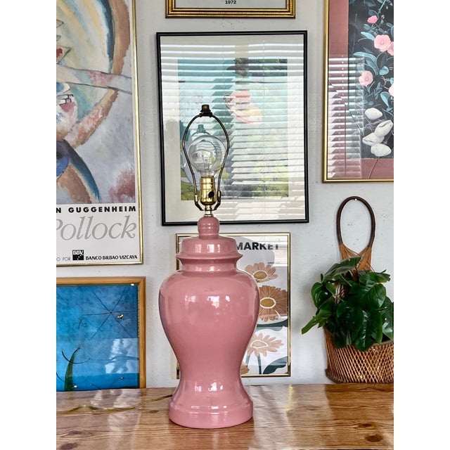 Ceramic Vintage Pink Ginger Jar Table Lamp Base | Glossy Blush Ceramic Lamp | Hollywood Regency Palm Beach Decor For Sale - Image 7 of 12