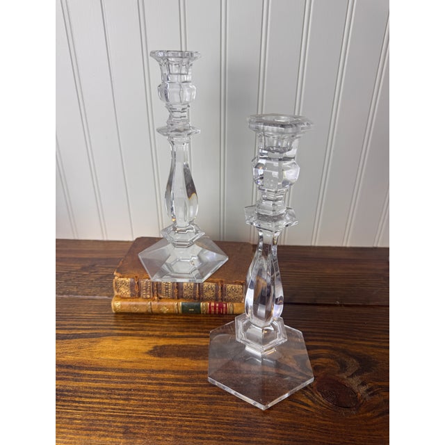 Art Deco Val Saint-Lambert Signed Belgian Crystal Candlesticks, Pair, 9.5" Tall, Late 20th Century For Sale - Image 3 of 7