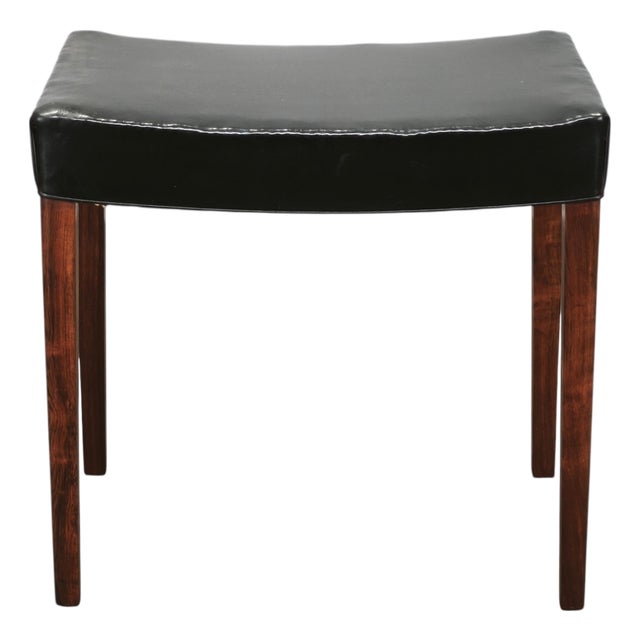 Mid-Century Danish Modern Wood and Black Leather Stool, 1960s For Sale