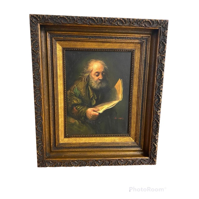 Artist Signed "Old Man Reading" Framed Oil Painting For Sale - Image 10 of 10