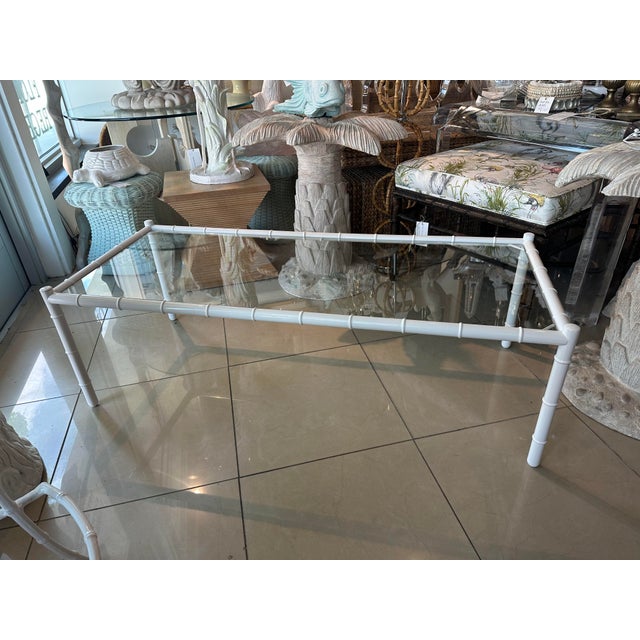 Vintage Faux Bamboo Metal Newly Powder-Coated White Coffee Cocktail Table Glass For Sale In West Palm - Image 6 of 10