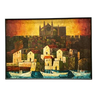 Mid Century Spanish Palma De Mallorca Oil Cityscape Painting For Sale