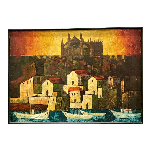 Mid Century Spanish Palma De Mallorca Oil Cityscape Painting For Sale