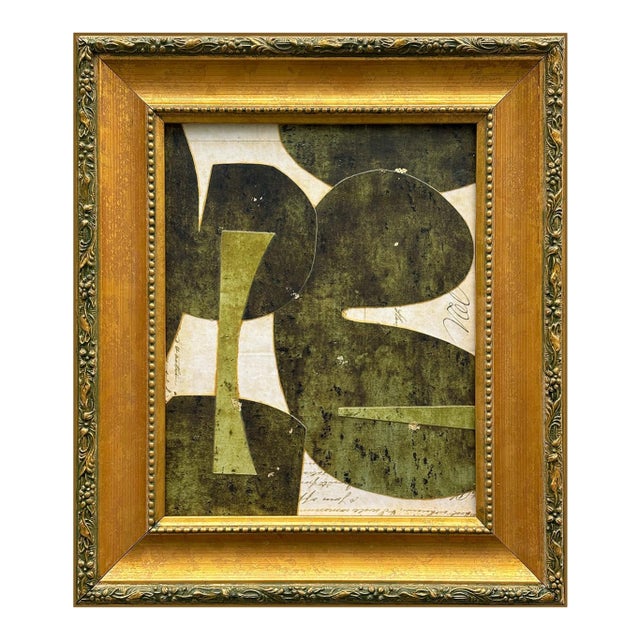Contemporary Abstract Green Collage in Vintage Gold Frame For Sale