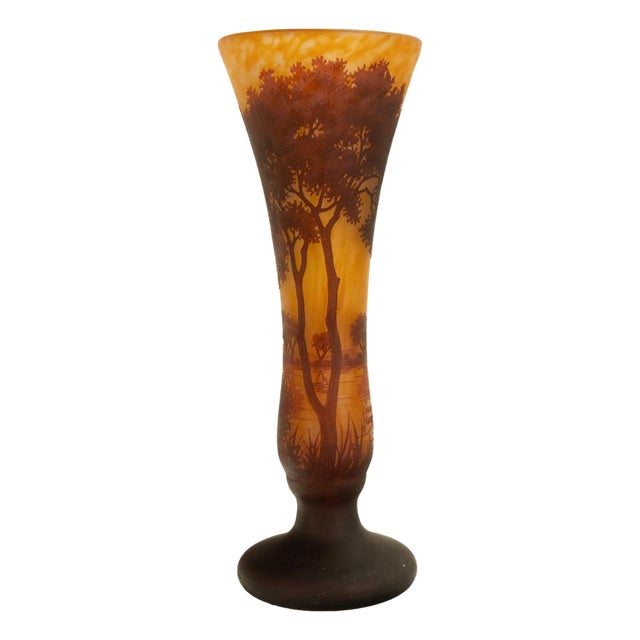 Large Antique French Art Nouveau Daum Nancy Cameo Tree Landscape Glass Vase 1900 For Sale