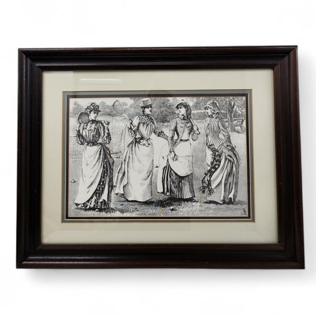 This striking pair of framed, 19th-century monochrome wood engraving reproductions captures the early elite history of...