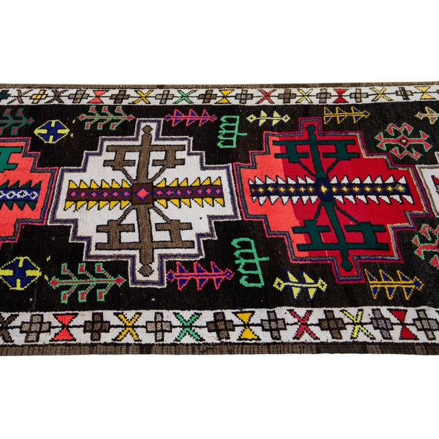 Coffee Vintage Brown Turkish Handmade Multicolor Tribal Pattern Wool Runner For Sale - Image 8 of 11