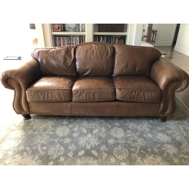 Drexel Heritage Rustic Brown Leather Couch With Brass Nailhead