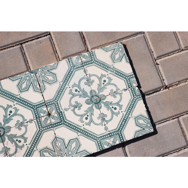 Art Deco Tiles Set of 8 Large Portuguese Sage Green & White Floral Geometric Design c.1920s For Sale - Image 13 of 16