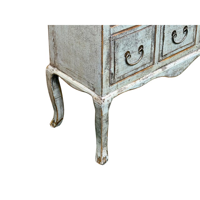 Distressed Pale Blue Curved Legs 6 Drawers Dresser Credenza Side Table For Sale - Image 10 of 16