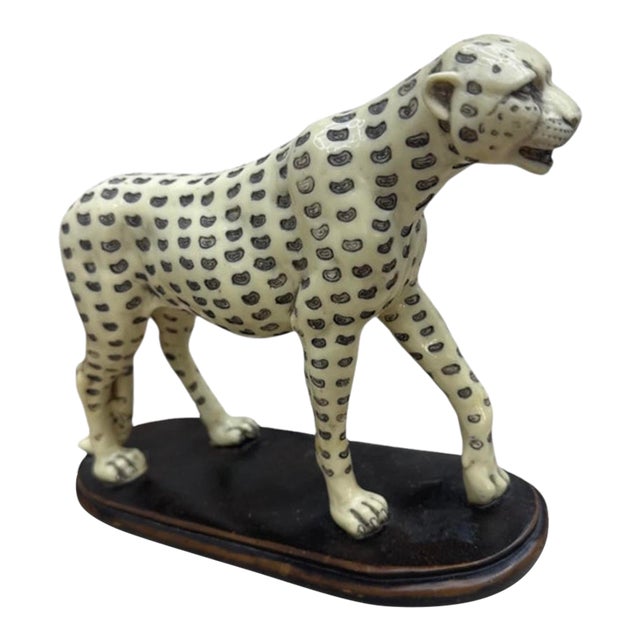 Vintage Hand-Painted Ceramic Leopard Sculpture on Wood Base Cheetah Cat For Sale