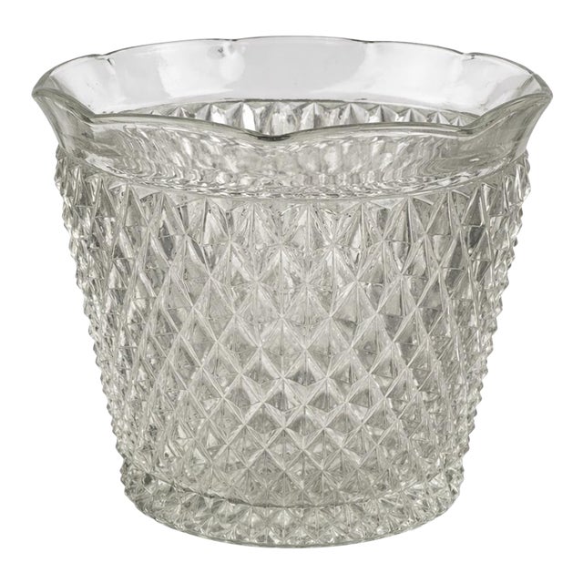 Vintage Pressed Glass Ice Bucket / Diamond Cut Catchall Bowl – 6.5” Hobstar Pattern For Sale