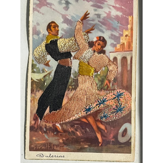 Pair Antique Spanish Embroidered Flamenco Dancers Postcards Framed For Sale - Image 4 of 7