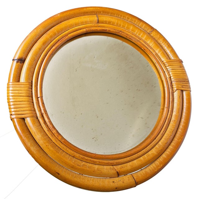 Mid-Century Modern 1950s Restored Mid-Century 12" Four-Strand Tropical Rattan & Wicker Round Wall Mirror For Sale - Image 3 of 6