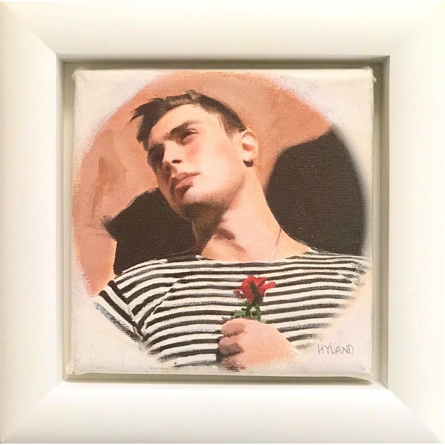 This artwork portrays a young man in a striped shirt, holding a red rose close to his chest, embodying a sense of...