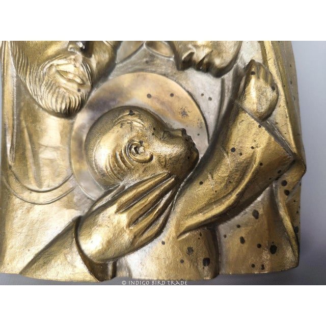 Antique Gilt Metal Holy Family Joseph Virgin Mary and Jesus Wall Hanging Plaque For Sale - Image 4 of 7