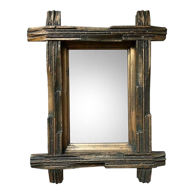 Antique Brutalist Folk Art Carved Wood Tramp Adirondack Wall Mirror For Sale