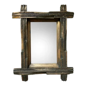 Antique Brutalist Folk Art Carved Wood Tramp Adirondack Wall Mirror