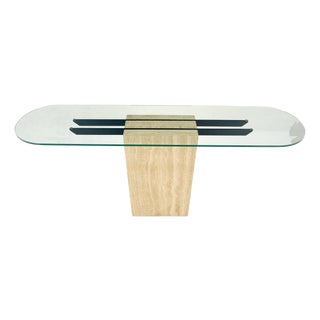 Italian c1970s Mid Century Modern Glass Top Single Travertine Base Console Table For Sale