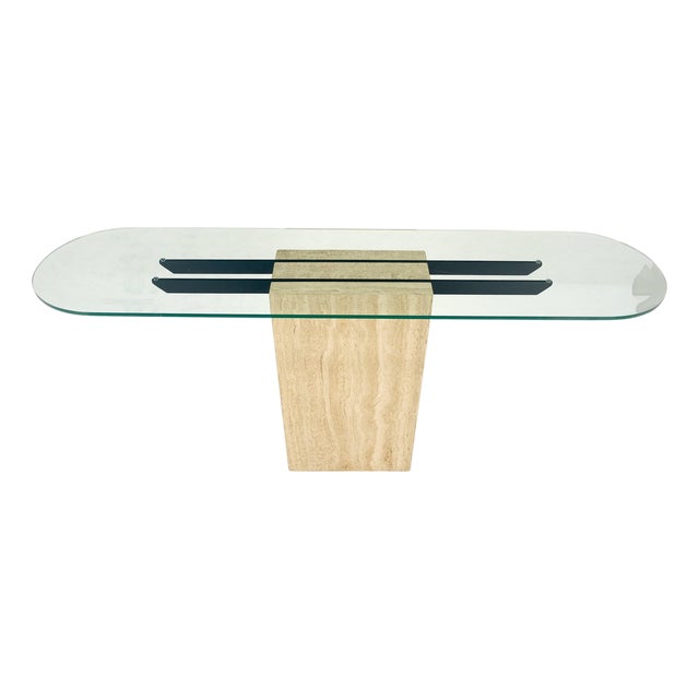 Italian c1970s Mid Century Modern Glass Top Single Travertine Base Console Table For Sale