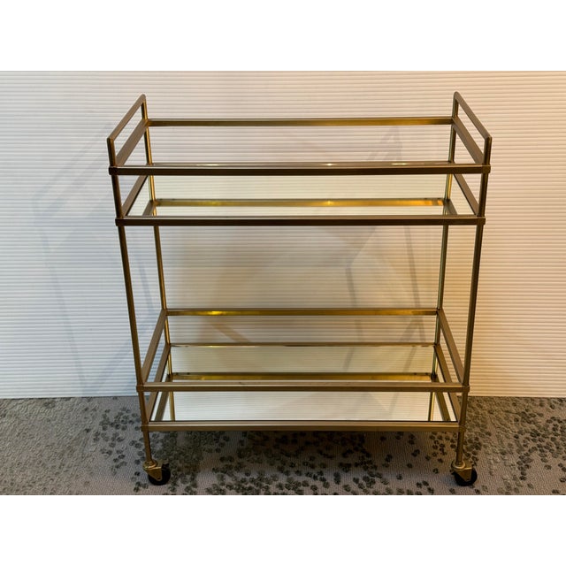 Hollywood Regency Brass Bar Cart With Mirrored Shelves For Sale - Image 3 of 12