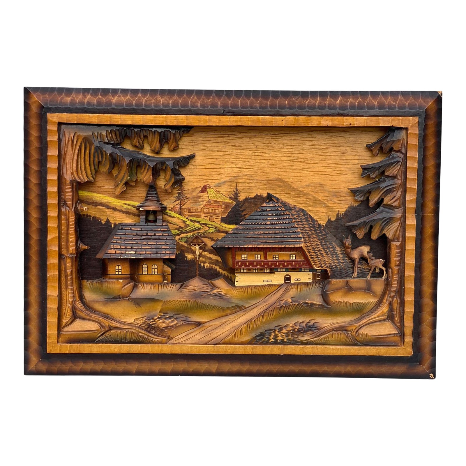 Vintage German Black Forest Wood Carved Landscape Cottage Wall Hanging