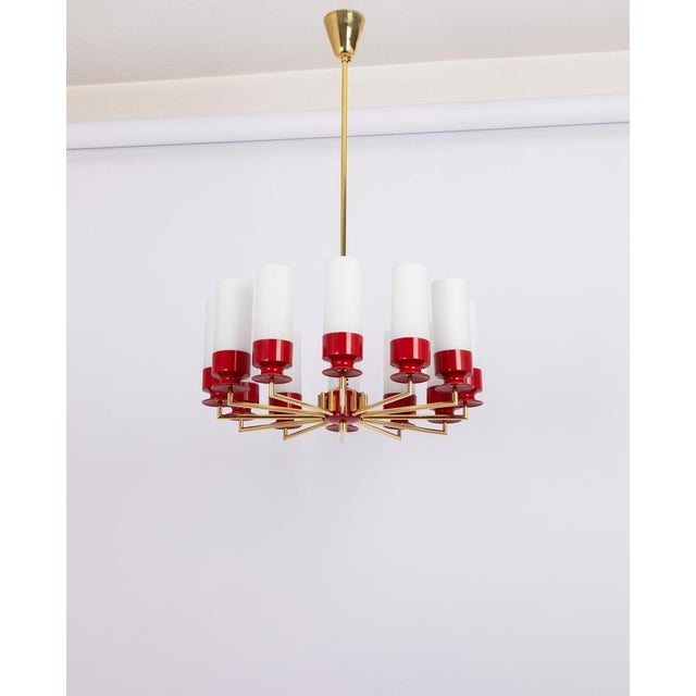 Stunning red color sputnik chandelier with 12 handmade opal shades by kaiser leuchten, germany, 1960s. High quality and in...