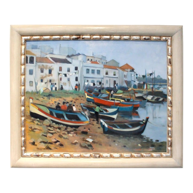 Mid Century Oil Painting of French Fishing Town by Artist Tanguy Le Roy For Sale