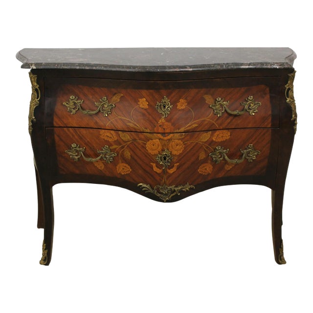 Antique C.1880s French Marble Top Inlaid Commode Chest For Sale