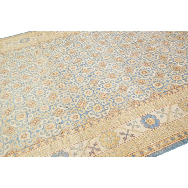 Handmade Modern Khotan Wool Rug With Allover Design in Beige and Blue For Sale In New York - Image 6 of 10
