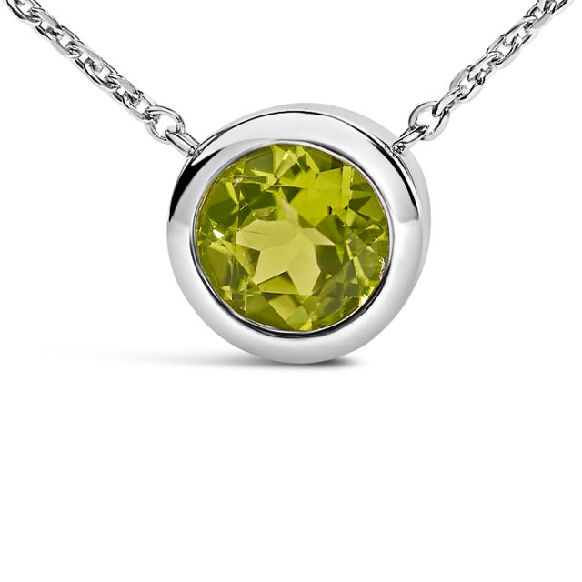 Contemporary .925 Sterling Silver 7MM Bezel Set Created Green Peridot Pendant Necklace - 18" Inches For Sale - Image 3 of 5