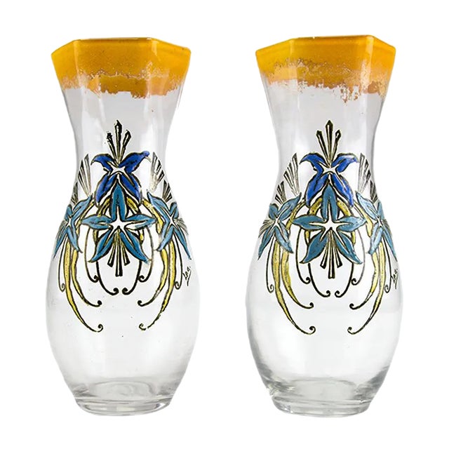 Antique French Enameled Glass Vases from Legras, Set of 2 For Sale