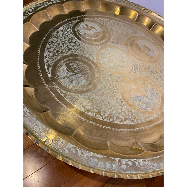 Middle Eastern Hand Engraved Brass Tray With Teak Folding Table Base For Sale - Image 9 of 12