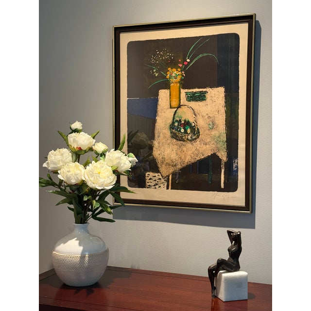 Mid-Century Modern Mid 20th Century Rene Genis Signed Lithograph of Flowers and Basket on a Table For Sale - Image 3 of 8