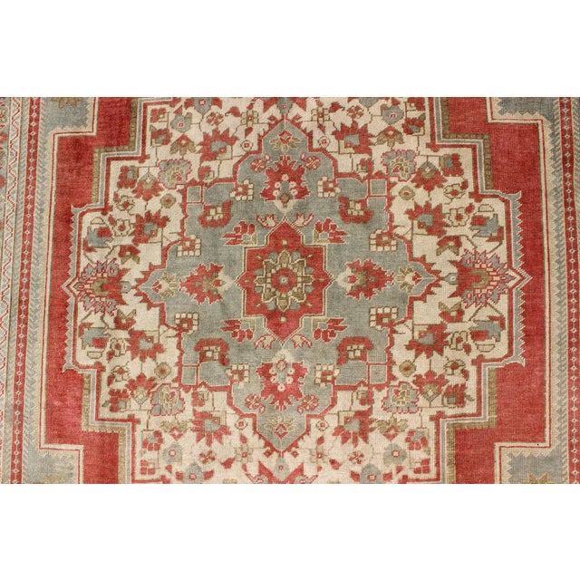 Floral Mid-Century Turkish Oushak Vintage Rug in Red, Blue, Green and Ivory 7'1" X 11'7" For Sale In Atlanta - Image 6 of 9