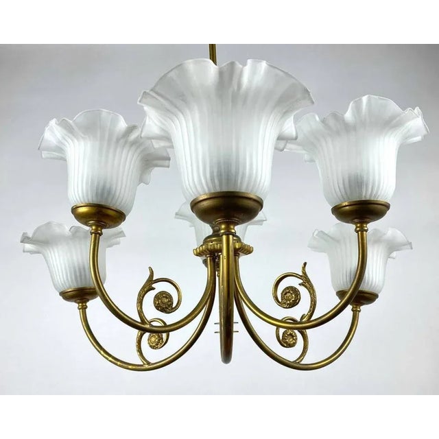 1970s Vintage Gilt Brass & Frosted Glass Chandelier, France, 1970s For Sale - Image 5 of 10