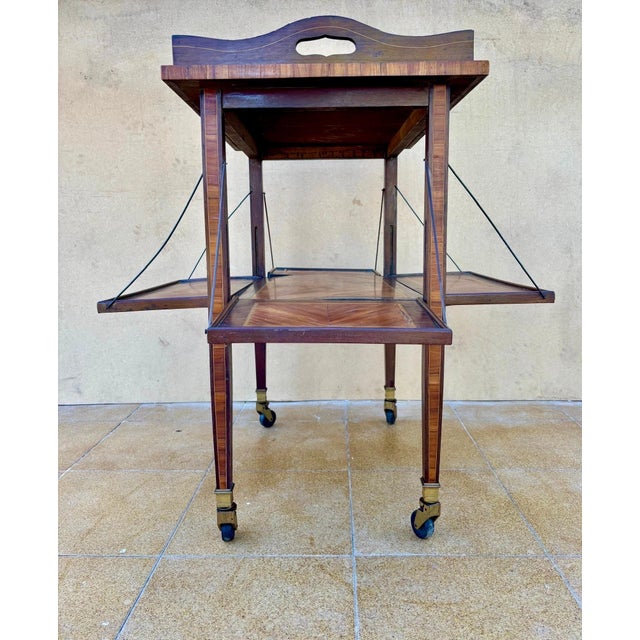 Wood French Art Deco Folding Bar Cart with Drop-Leaf Shelves, Walnut Veneer, c. 1930 For Sale - Image 7 of 9