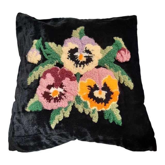 Pansy Velvet Black Pillow Cover Punch Needle For Sale