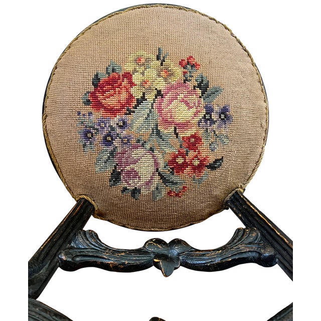 Wood Antique 19th Century Hand-Carved Ebonized Faux Bois Aesthetic Movement Boudoir Vanity Side Chair With Floral Needlepoint Seat For Sale - Image 7 of 16