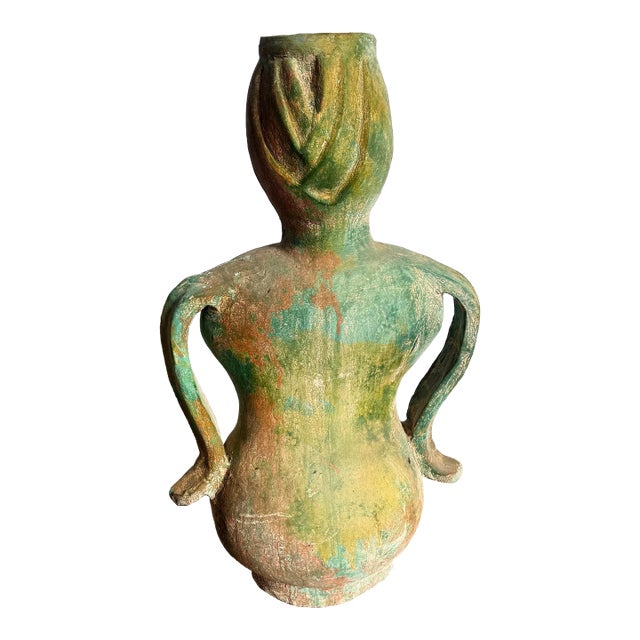 Vintage Sculpted Female Form Ceramic Vase With Sunflower and Leaf Motif For Sale